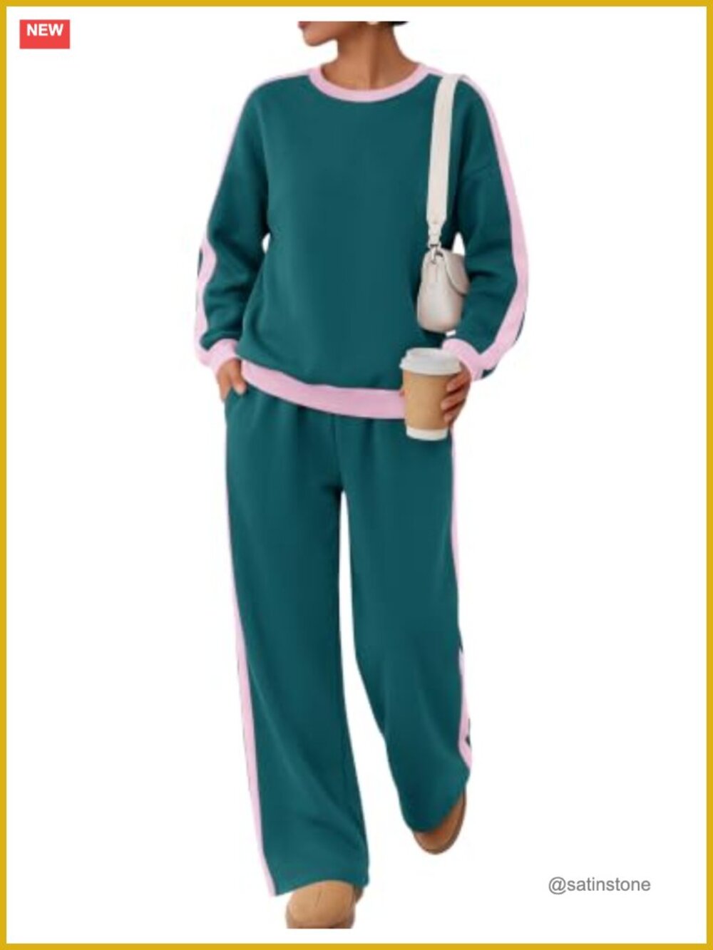Oversized Fleece Lined Sweatsuit Set Crewneck Wide Leg Sweatpants
